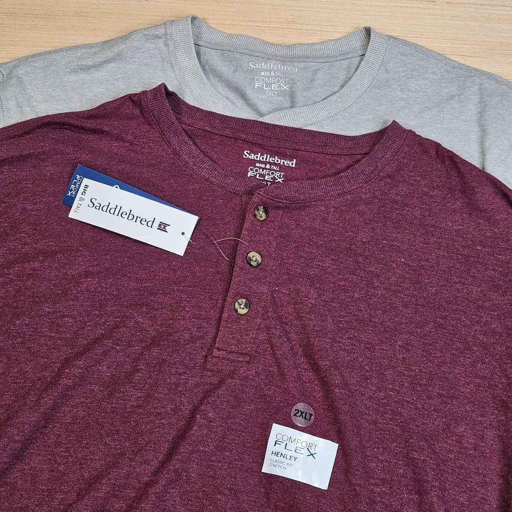 Lot of 2 Saddlebred Henley Mens 2XLT Gray Red Comfort Flex Long Sleeve NEW